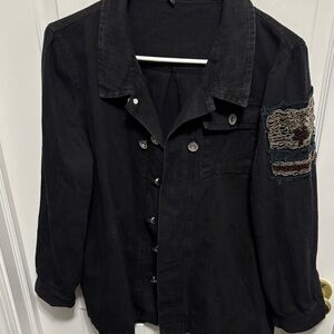 Women's Black Denim Jacket with Patch Detail